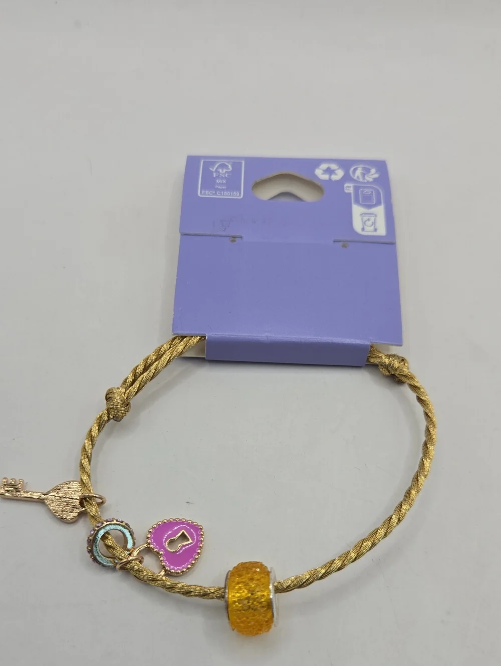 NEW Claire's Gold Braided Charm Wristlet with Pink Heart and Key